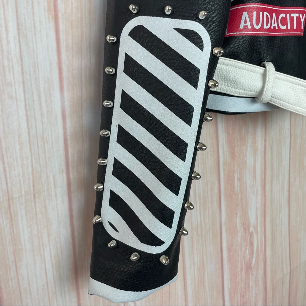 Azalea Wang Studded Black and White Graffiti Faux Leather Moto Jacket (1x) - Picture 2 of 16